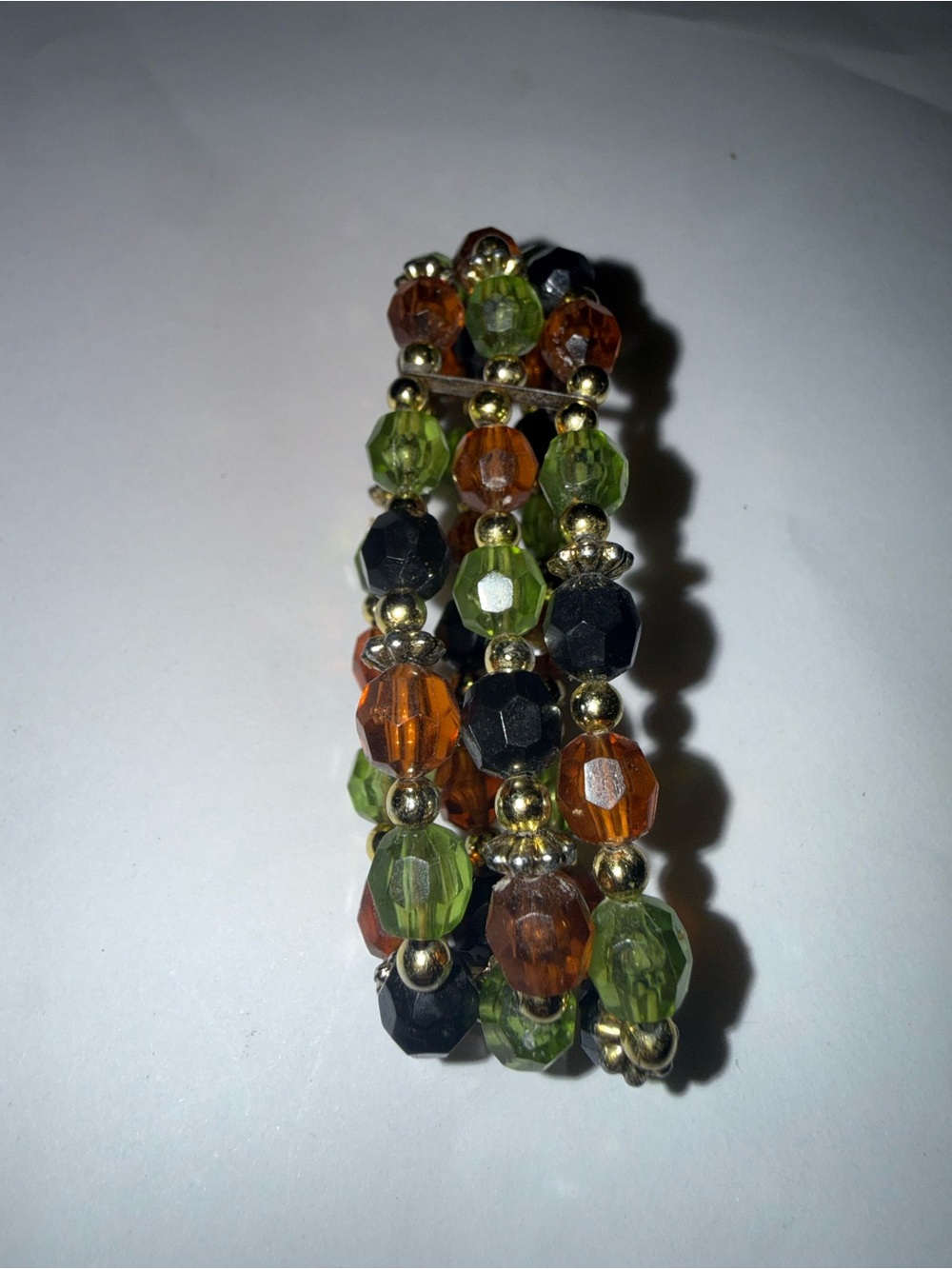 Vintage Multi-Color Beaded Stretch Bracelet - Green, Orange, Black